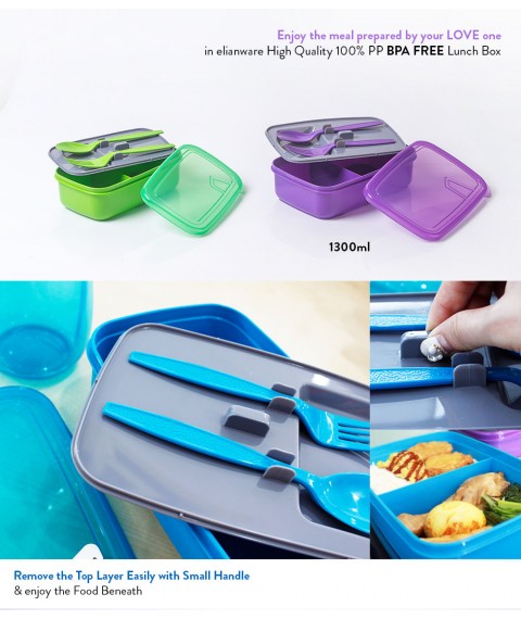 Elianware Lunch Box Bento Lunchbox Container (1.3L) [Free Water Tumble 1L]