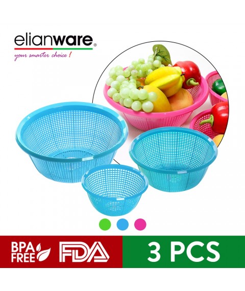 Elianware BPA Free Multipurpose Kitchen Fruit Vegetable Strainer Colander Set - Round (3 Pcs)