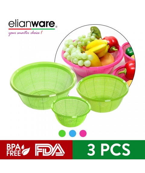 Elianware BPA Free Multipurpose Kitchen Fruit Vegetable Strainer Colander Set - Round (3 Pcs)