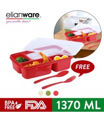 Elianware Portable Divided 4 Compartments Bento Lunch Box with Fork & Spoon (1.37L)