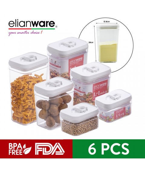 Elianware Lid Lock White Elegant Rectangular Airtight Canister Food Storage Container - 6 pcs