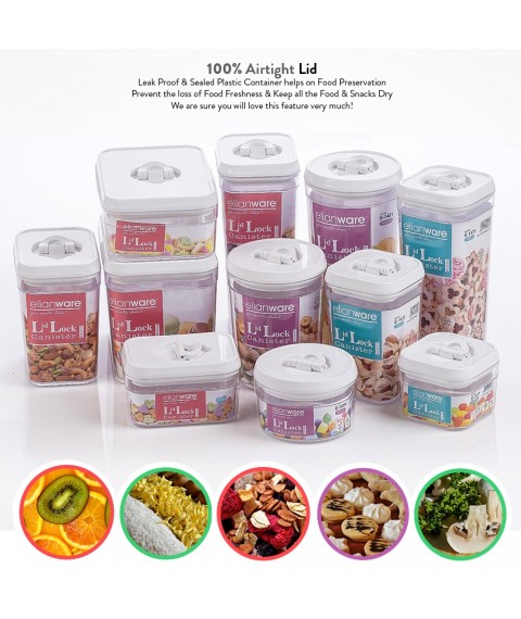 Elianware Lid Lock White Elegant Rectangular Airtight Canister Food Storage Container - 6 pcs